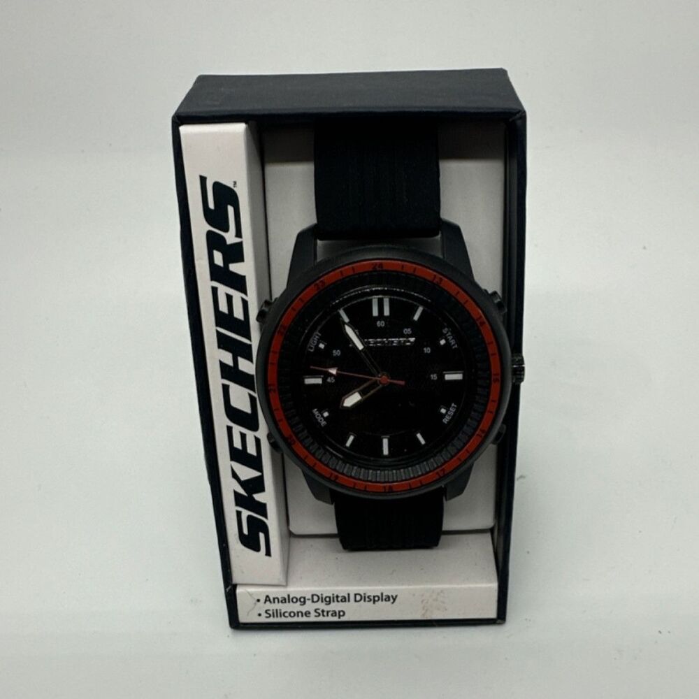 Skechers SR5154W Men's Analog-Digital Watch Black Silicone Strap Red Bezel